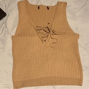 SLEEVELESS TIE FRONT KNIT CROPPED TANK - TAN RIBBED V-NECK CROP TOP